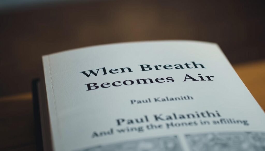 A close-up, high-resolution photograph of the book "When Breath Becomes Air" by Paul Kalanithi, shot from a slightly elevated angle with soft, diffused lighting. The book is open, revealing the title page and author's name against a blurred, contemplative background. The image conveys a sense of introspection and the weight of the subject matter, hinting at the book's profound exploration of mortality and the human condition. A close-up, high-resolution photograph of the book "When Breath Becomes Air" by Paul Kalanithi, shot from a slightly elevated angle with soft, diffused lighting. The book is open, revealing the title page and author's name against a blurred, contemplative background. The image conveys a sense of introspection and the weight of the subject matter, hinting at the book's profound exploration of mortality and the human condition.