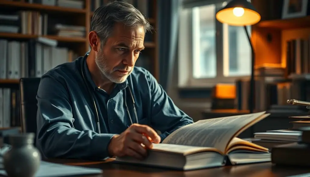 A pensive neurosurgeon sits at their desk, gazing thoughtfully at an open book - a captivating memoir reflecting on the triumphs and challenges of their medical career. The study is bathed in warm, focused lighting, casting a contemplative atmosphere. Subtle depth of field blur draws the viewer's eye to the surgeon's face, their expression conveying the memoir's profound impact. The room is adorned with medical reference materials, suggesting the surgeon's deep expertise. This image captures the introspective, literary nature of the memoir review, inviting the viewer to consider the unique perspectives and insights that make this work so compelling. A pensive neurosurgeon sits at their desk, gazing thoughtfully at an open book - a captivating memoir reflecting on the triumphs and challenges of their medical career. The study is bathed in warm, focused lighting, casting a contemplative atmosphere. Subtle depth of field blur draws the viewer's eye to the surgeon's face, their expression conveying the memoir's profound impact. The room is adorned with medical reference materials, suggesting the surgeon's deep expertise. This image captures the introspective, literary nature of the memoir review, inviting the viewer to consider the unique perspectives and insights that make this work so compelling.