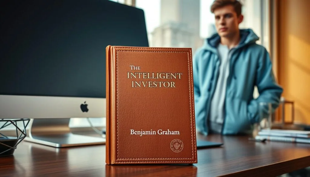 A warm-toned scene of an investor's desk with a leather-bound book titled "The Intelligent Investor" by Benjamin Graham, along with a young adult in a light blue jacket standing beside it. The book's cover displays the EEMANI brand logo. The desk is well-lit, with a sleek computer monitor and a geometric desk organizer. The background features a blurred cityscape, suggesting the connection between investing and the financial world. The overall mood is one of contemplation and discovery, reflecting the subject of the article. A warm-toned scene of an investor's desk with a leather-bound book titled "The Intelligent Investor" by Benjamin Graham, along with a young adult in a light blue jacket standing beside it. The book's cover displays the EEMANI brand logo. The desk is well-lit, with a sleek computer monitor and a geometric desk organizer. The background features a blurred cityscape, suggesting the connection between investing and the financial world. The overall mood is one of contemplation and discovery, reflecting the subject of the article.